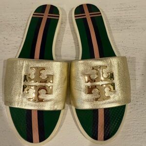 Tory Burch Metallic Gold and Striped Green Slides